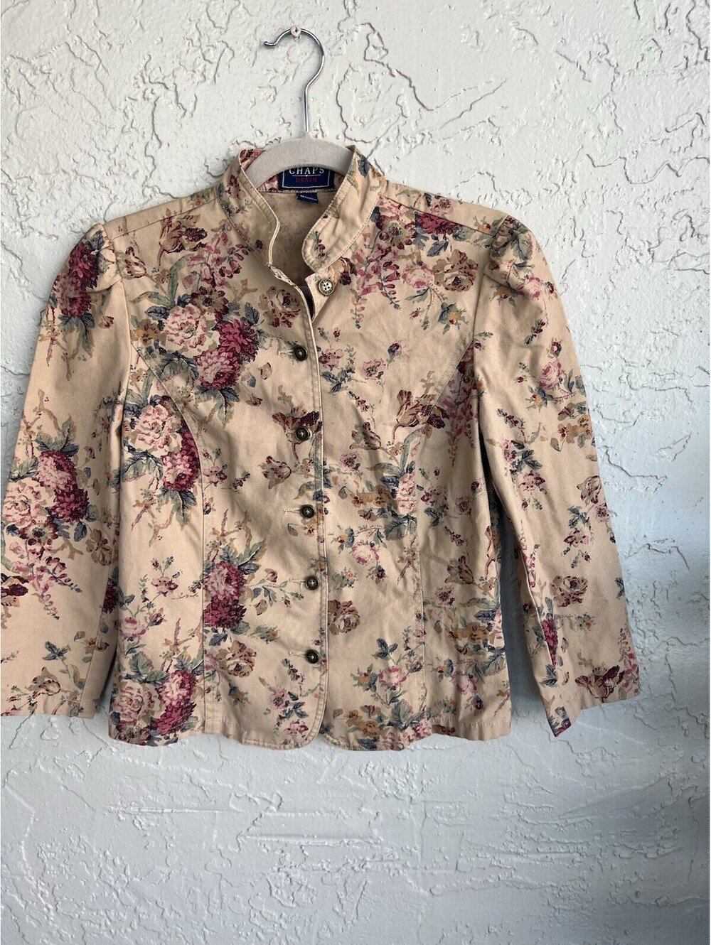Chaps Denim Jacket Womens S Beige Floral Rose Print Cotton Fairy Victorian Vtg. - Picture 14 of 15